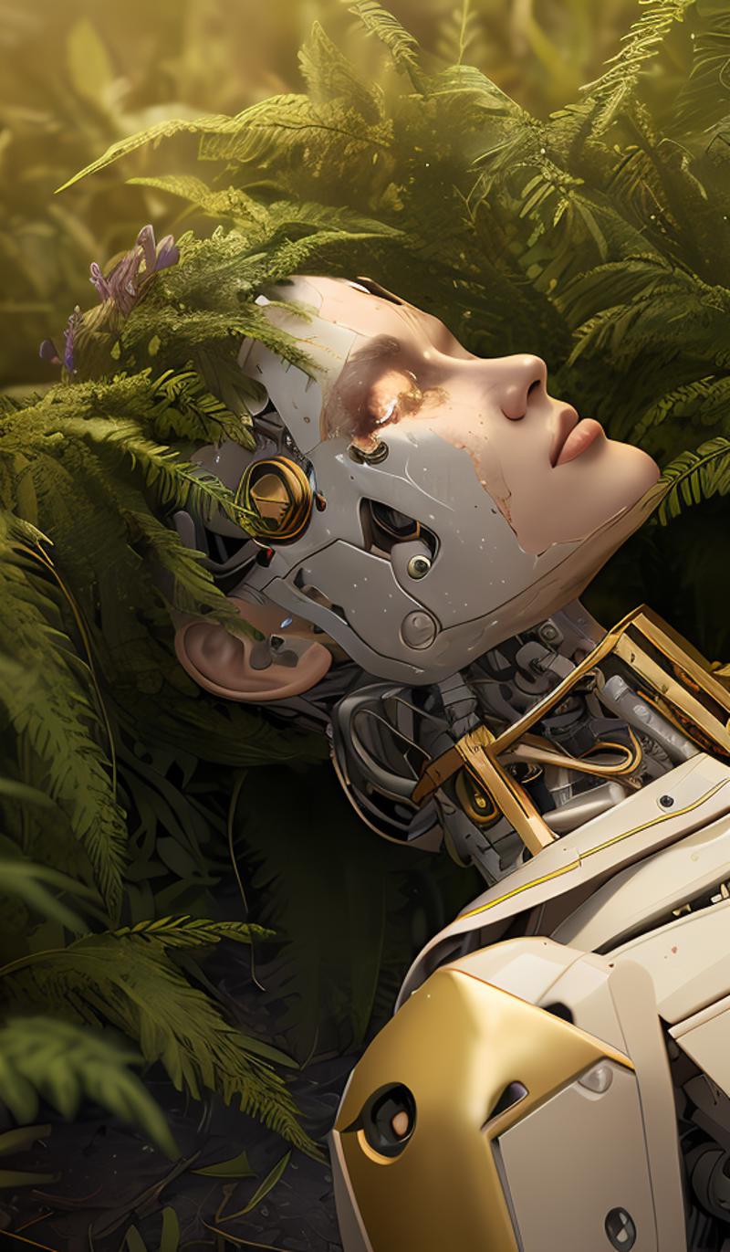 08781-472559275-side view of a beautiful abandoned human - shaped robot laying on the ground, overgrown foliage taking over it, close - up, 3 5.png